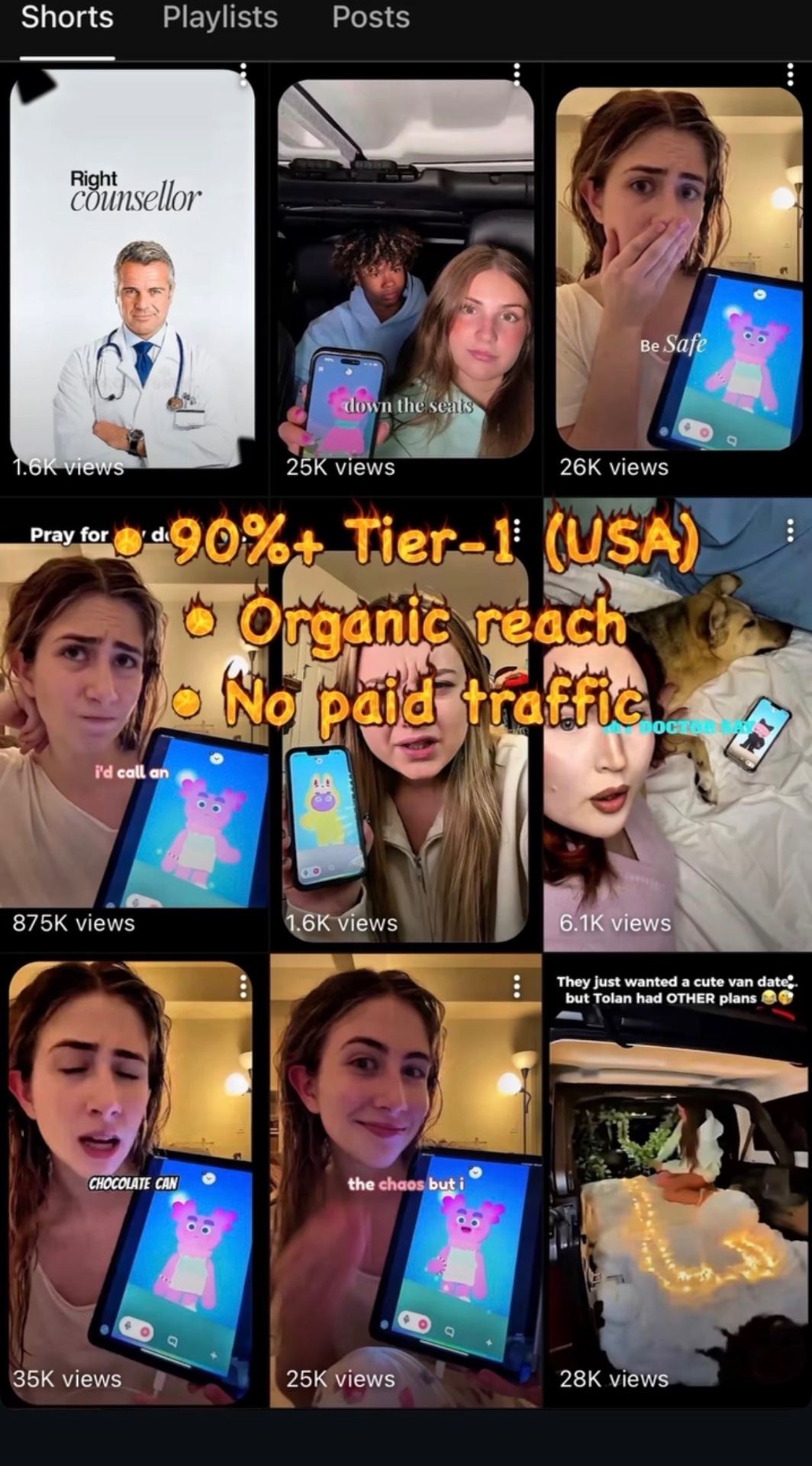 Channel Shorts grid — 90%+ Tier-1 USA, organic reach, no paid traffic